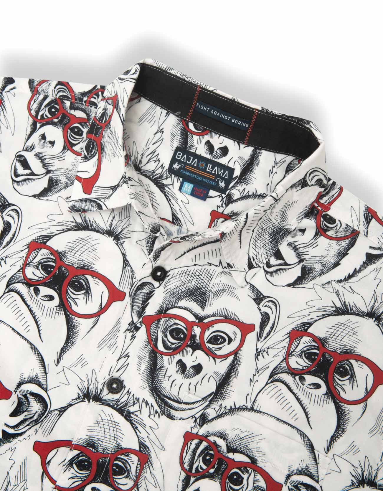 Black and white button up featuring monkey wearing red eyeglasses