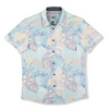 Baja Llama Pastel tropical button-up with leaf and floral print. Lightweight and ideal for relaxed summer days.