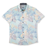 Baja Llama Pastel tropical button-up with leaf and floral print. Lightweight and ideal for relaxed summer days.