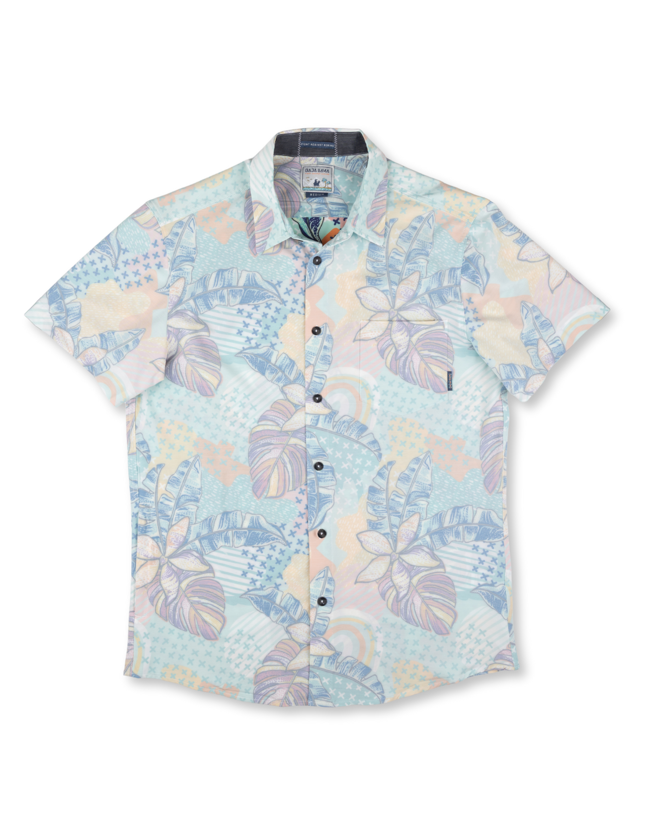 Baja Llama Pastel tropical button-up with leaf and floral print. Lightweight and ideal for relaxed summer days.