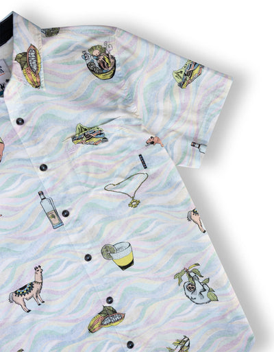 Button up shirt with hand-drawn illustrations of Peruvian ceviche, flutes, llamas, pisco