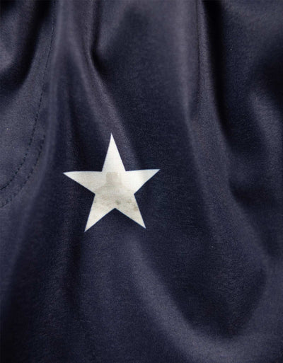 Navy swimsuit USA flag-inspired shorts showcasing famous USA Landmarks. 