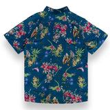 Navy button up with hand drawn pink dolphins, jungle animals and flowers print.