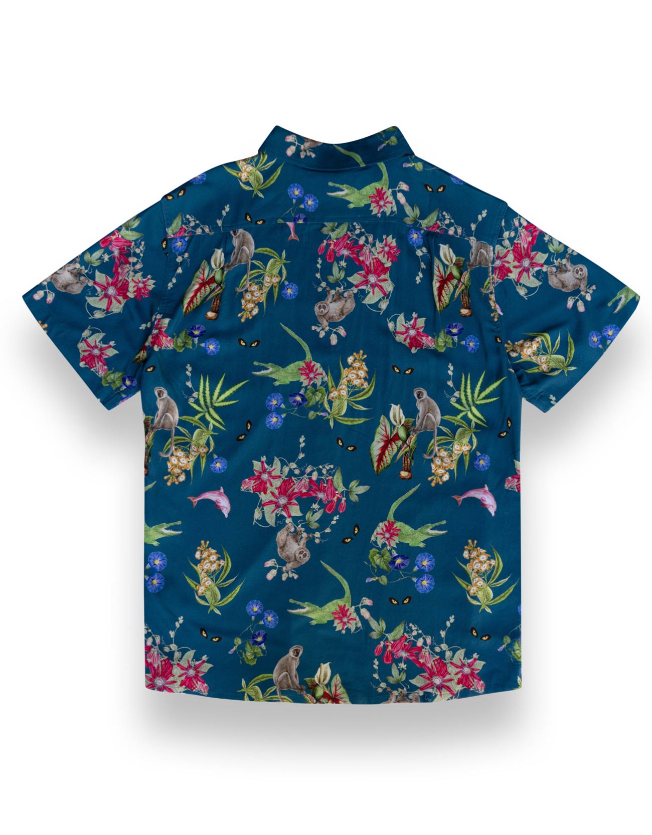 Navy button up with hand drawn pink dolphins, jungle animals and flowers print.