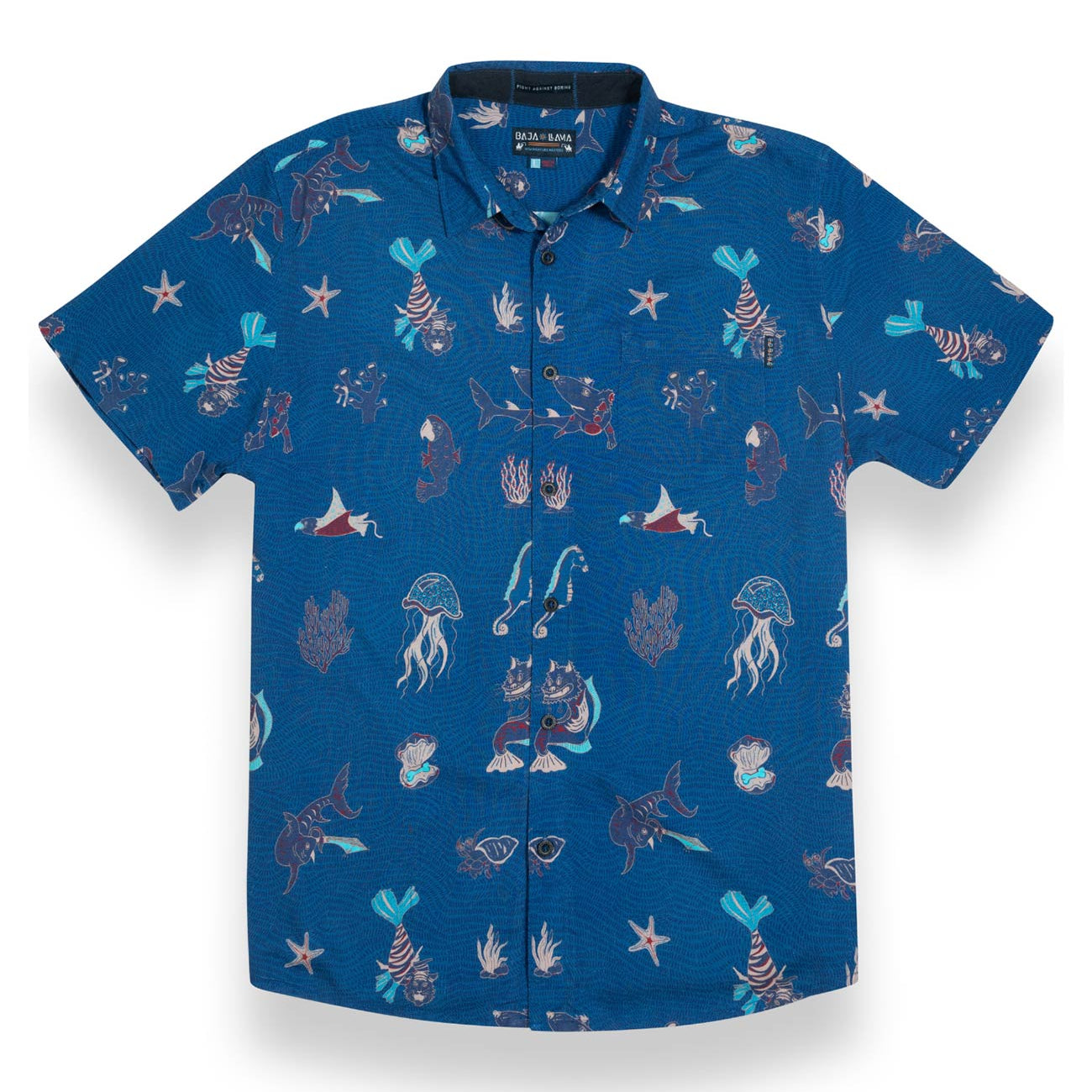 Navy button up shirt featuring ocean animals with split personalities print