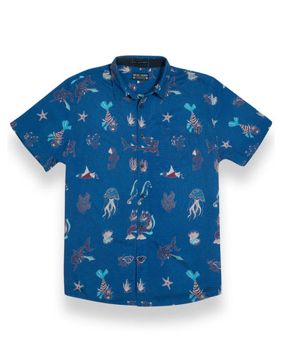 Navy button up shirt featuring ocean animals with split personalities print