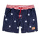 Navy swimsuit USA flag-inspired shorts showcasing famous USA Landmarks. 