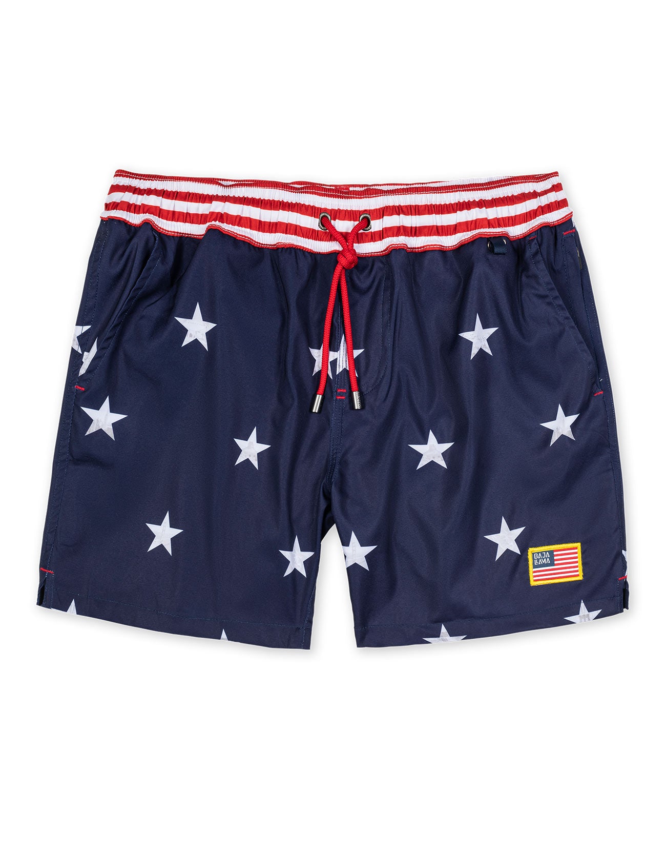 Navy swimsuit USA flag-inspired shorts showcasing famous USA Landmarks. 