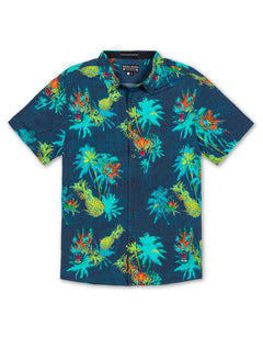 Baja Llama Blue Tiger Palm tree Print Viscose short sleeve button up shirt