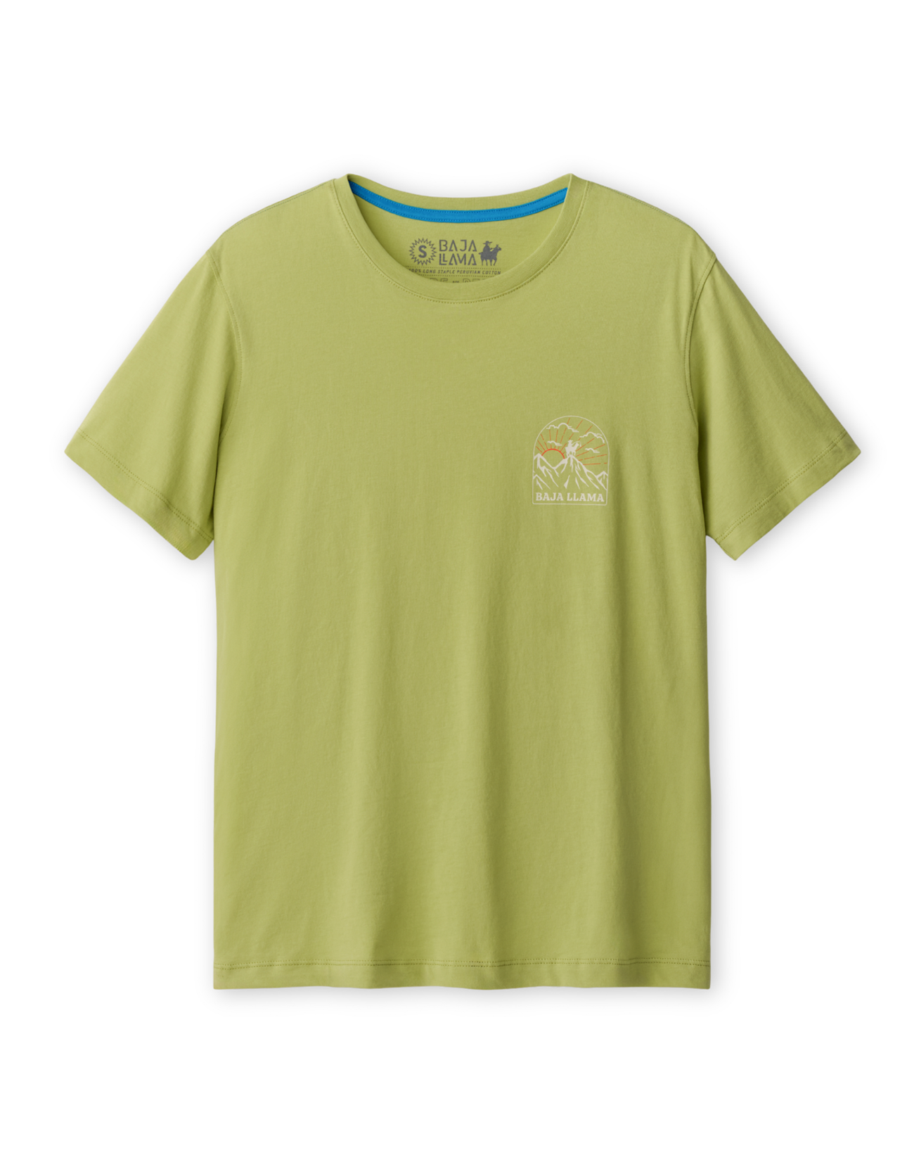 Olive green Baja Llama Never High Enough Primo Graphic Tee featuring a mountain range chest print.