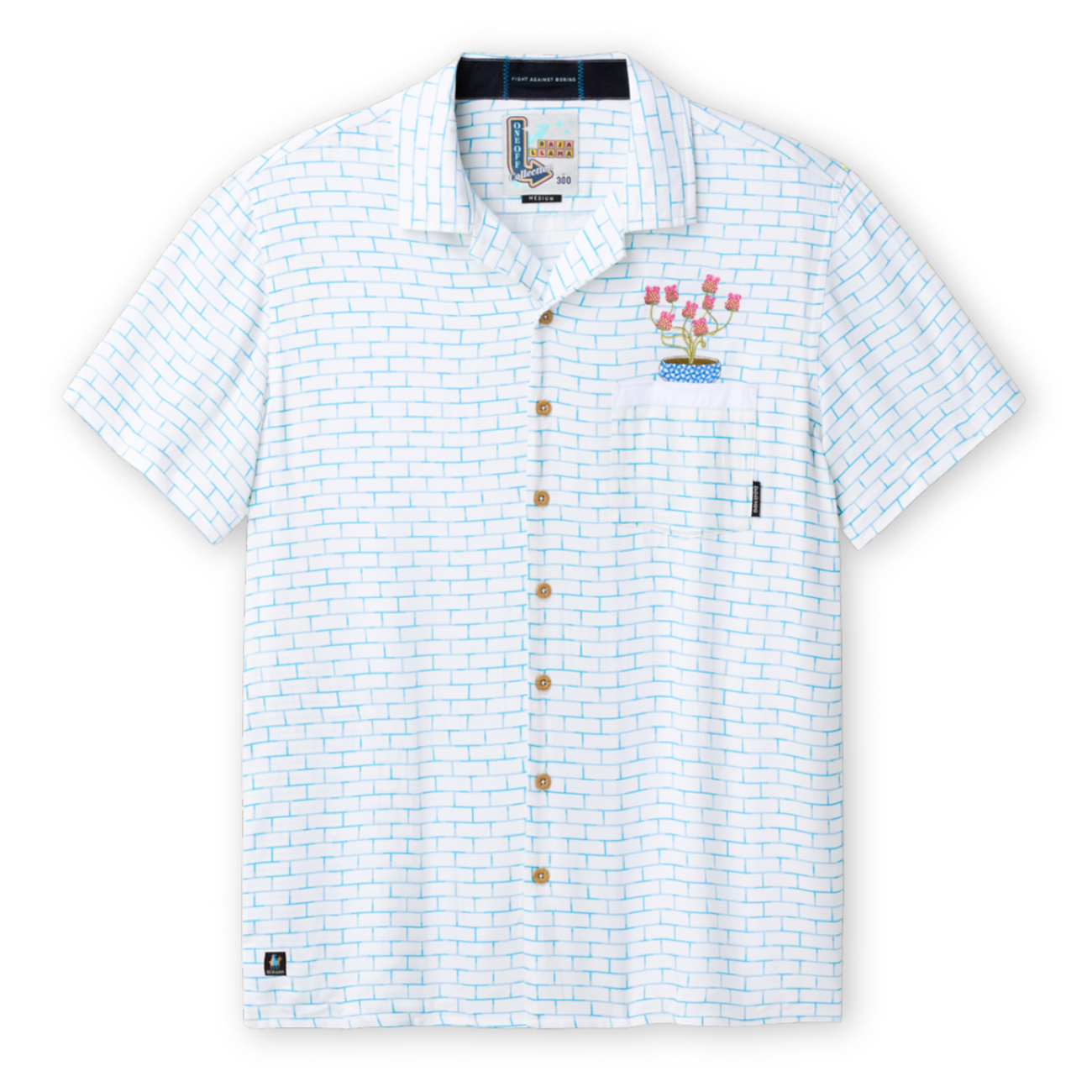 Baja Llama 'Not Another Plant on the Shelf' One-Off relaxed-fit short-sleeve button-up shirt in white with a light blue brick wall pattern, featuring a left chest pocket topped with an embroidered pink potted plant.