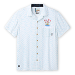 Baja Llama 'Not Another Plant on the Shelf' One-Off relaxed-fit short-sleeve button-up shirt in white with a light blue brick wall pattern, featuring a left chest pocket topped with an embroidered pink potted plant.