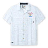 Baja Llama 'Not Another Plant on the Shelf' One-Off relaxed-fit short-sleeve button-up shirt in white with a light blue brick wall pattern, featuring a left chest pocket topped with an embroidered pink potted plant.
