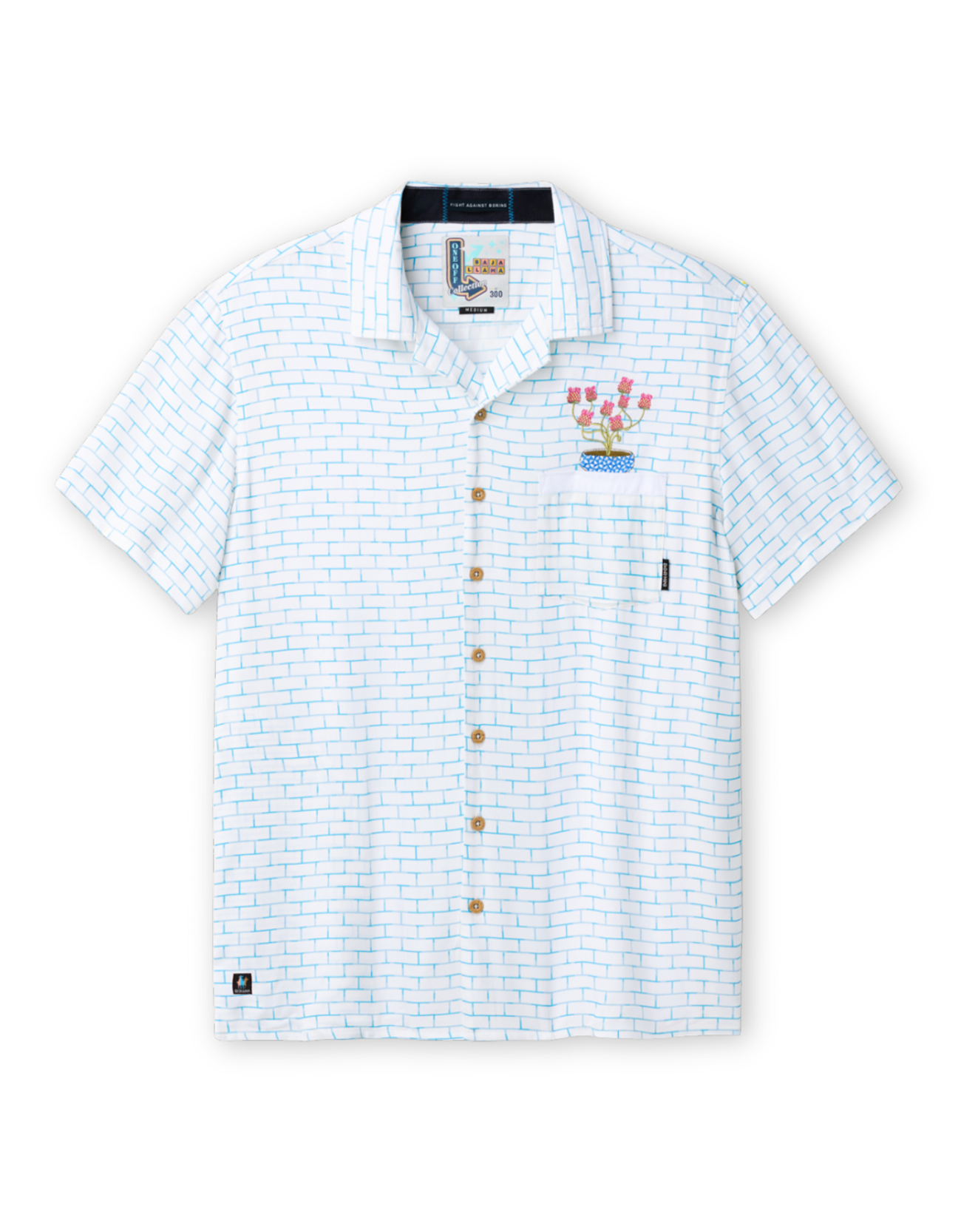 Baja Llama 'Not Another Plant on the Shelf' One-Off relaxed-fit short-sleeve button-up shirt in white with a light blue brick wall pattern, featuring a left chest pocket topped with an embroidered pink potted plant.