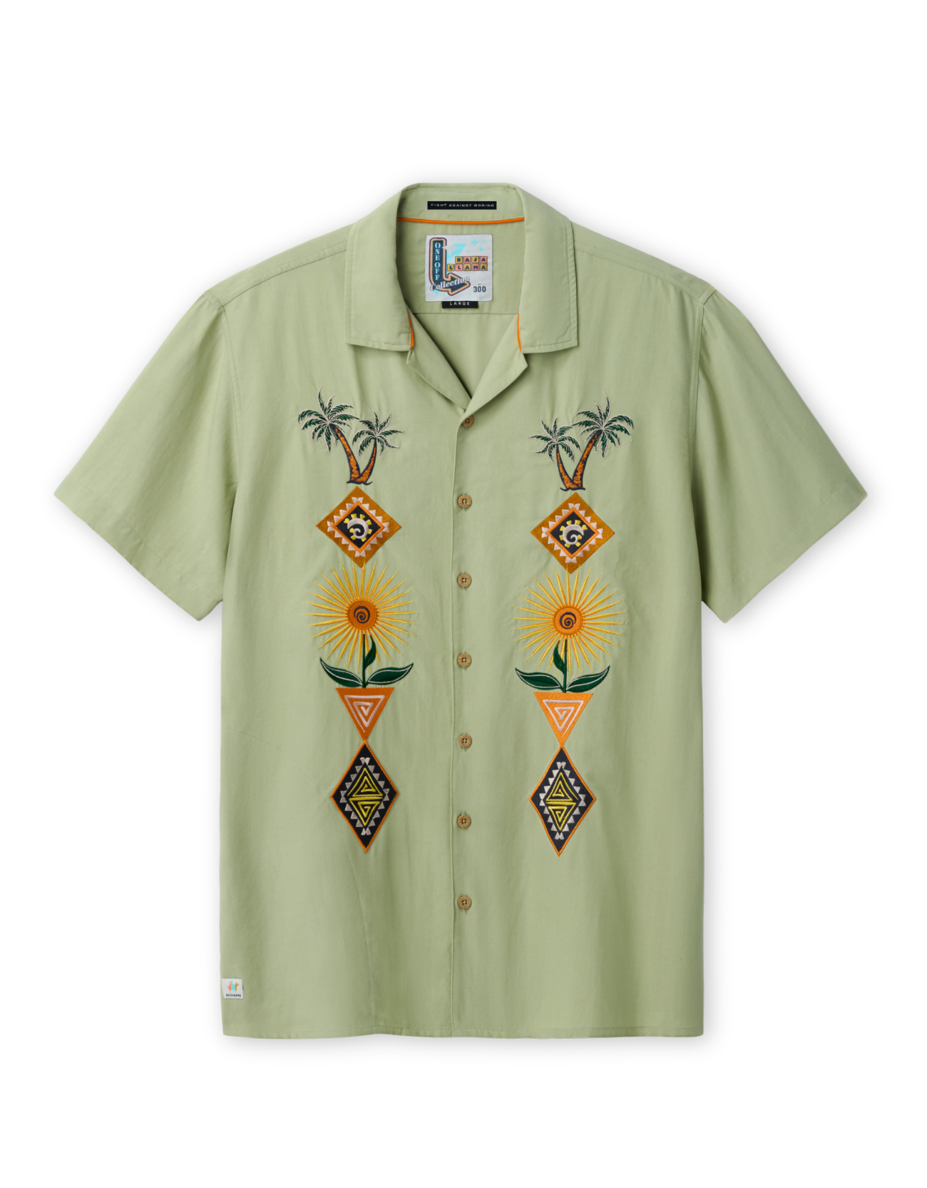 Flat lay of Baja Llama Oasis Geometry embroidered button-up shirt