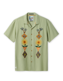 Flat lay of Baja Llama Oasis Geometry embroidered button-up shirt