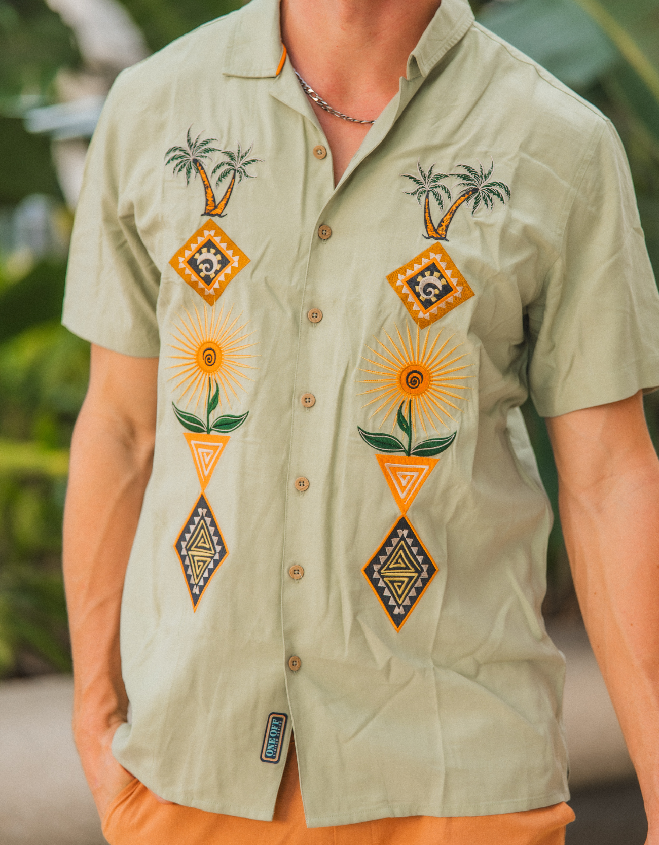Men’s embroidered camp collar shirt inspired by Huacachina Peru