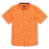 Button up shirt with hand painted watercolor cactus design on orange background.