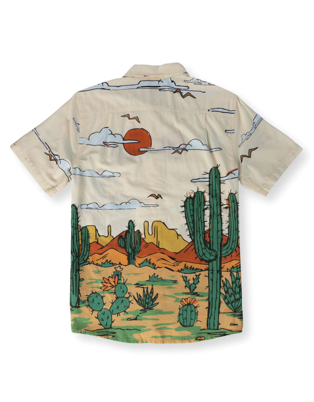 Cream short sleeve button up shirt featuring desert landscape and cactus print