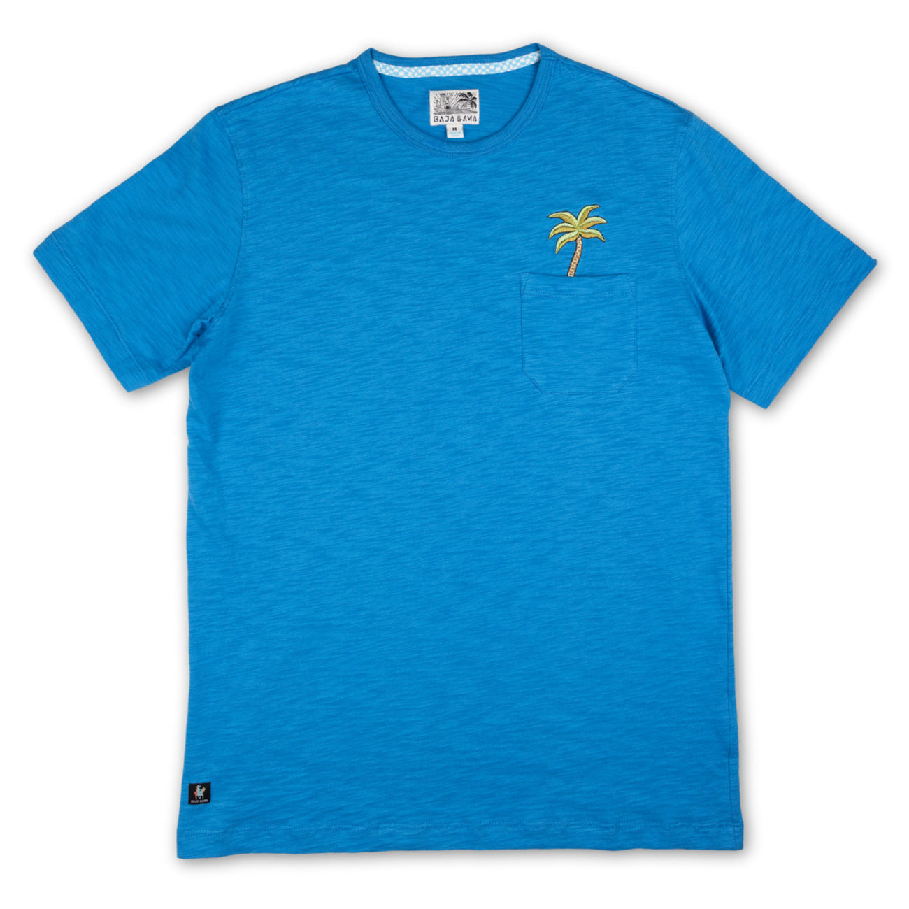 A blue t-shirt with a small embroidered palm tree design on the chest pocket area.