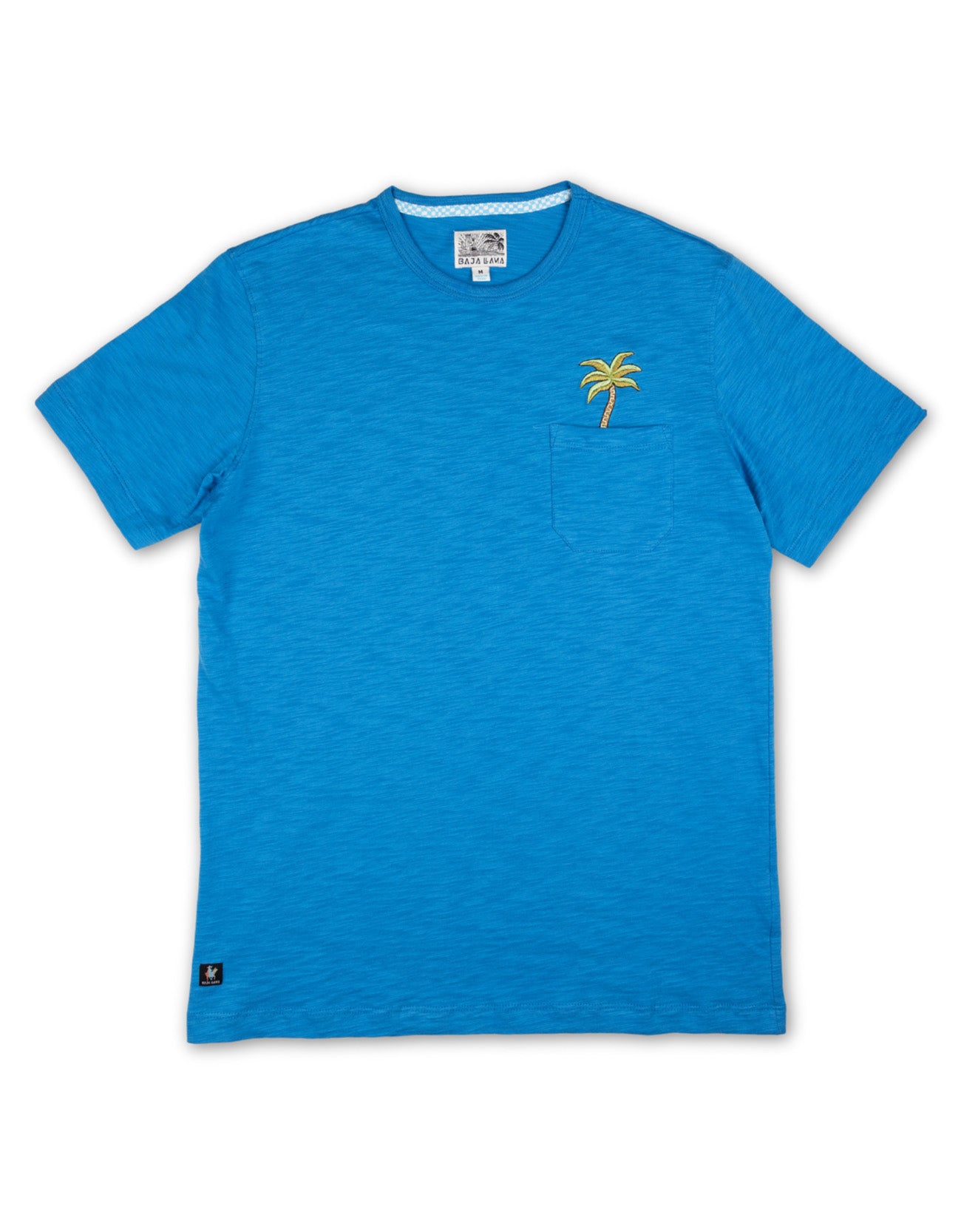 A blue t-shirt with a small embroidered palm tree design on the chest pocket area.