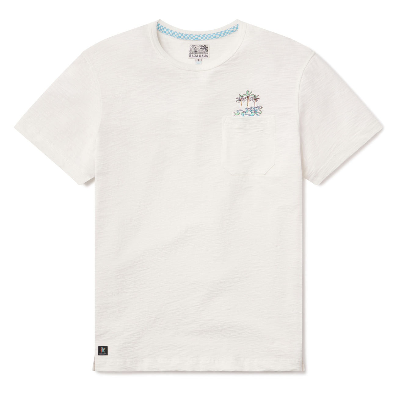 Flat lay of the Baja Llama Palmy Waves Slub Pima Pocket Tee in white featuring a palm tree pocket graphic