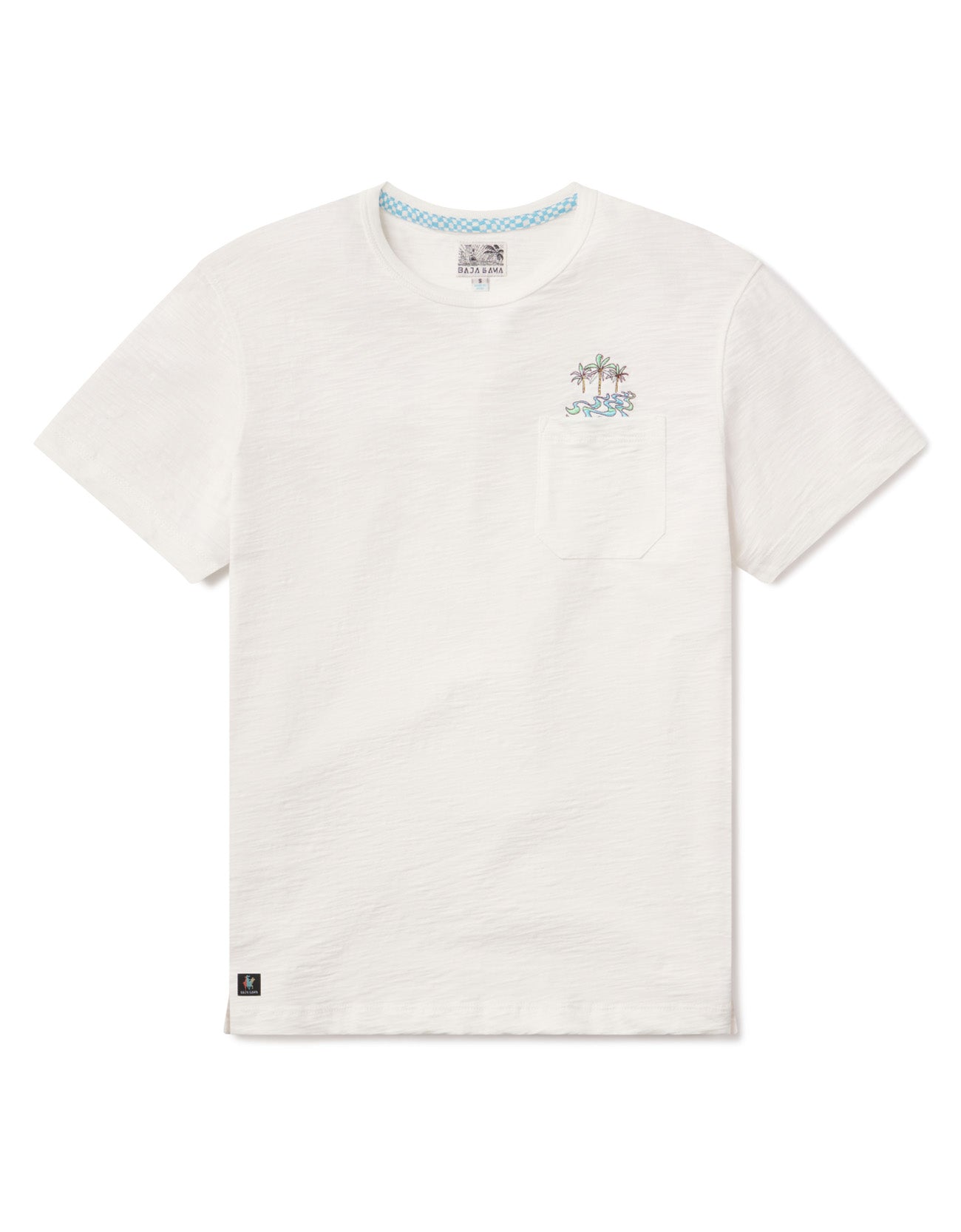 Flat lay of the Baja Llama Palmy Waves Slub Pima Pocket Tee in white featuring a palm tree pocket graphic