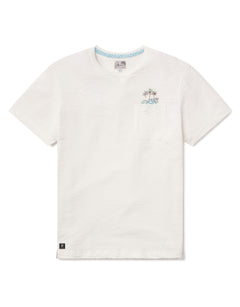 Flat lay of the Baja Llama Palmy Waves Slub Pima Pocket Tee in white featuring a palm tree pocket graphic