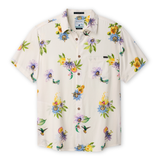 Front view of the Baja Llama Passion Project Nighthawk™ relaxed fit button-up shirt featuring a cream-colored fabric with a vibrant floral and tropical hummingbird print.