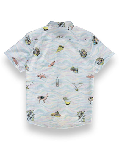 Button up shirt with hand-drawn illustrations of Peruvian ceviche, flutes, llamas, pisco