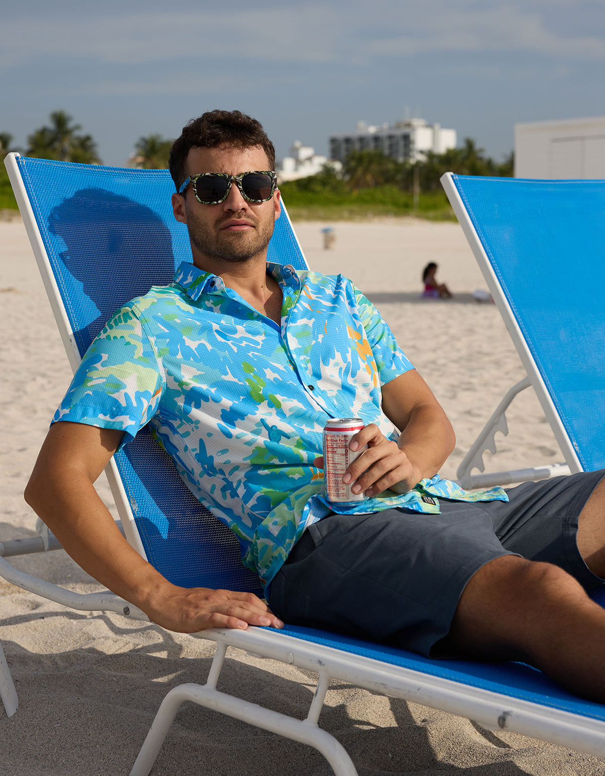 Model wearing the Pastel Paradise Mojave button-up