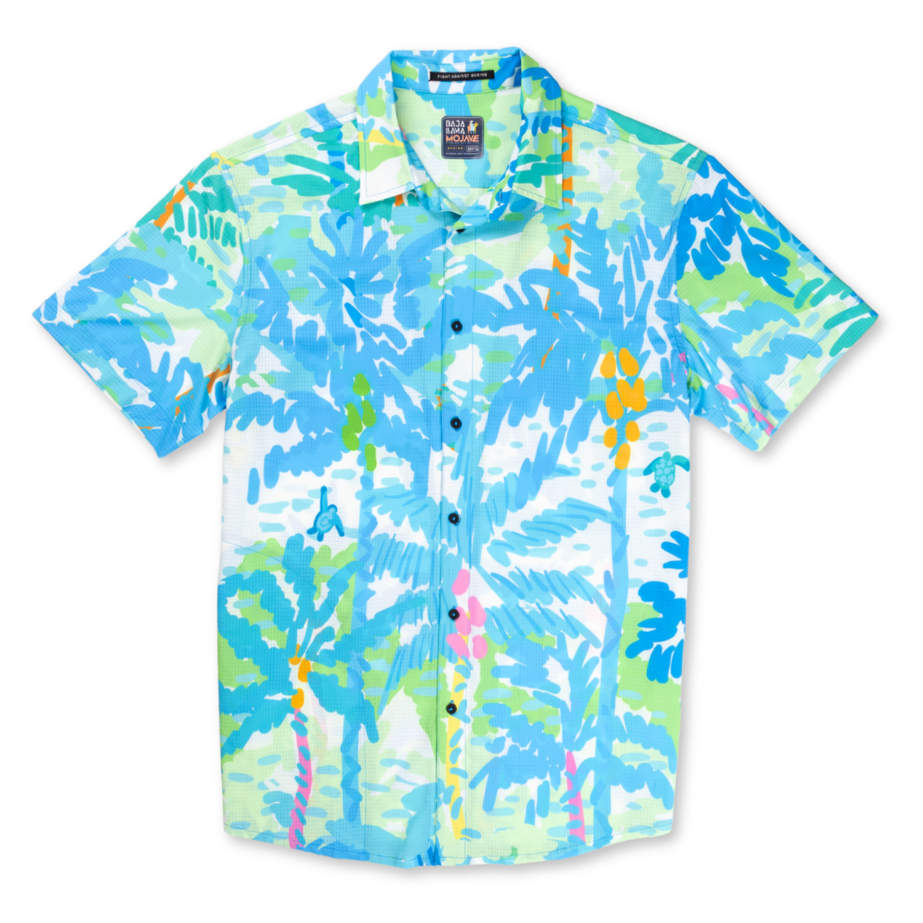 Baja Llama Pastel Paradise Reverse Print Mojave Perforated Button Up shirt in tropical palm print