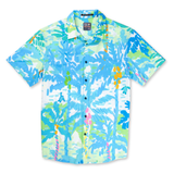 Baja Llama Pastel Paradise Reverse Print Mojave Perforated Button Up shirt in tropical palm print