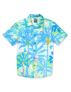 Baja Llama Pastel Paradise Reverse Print Mojave Perforated Button Up shirt in tropical palm print