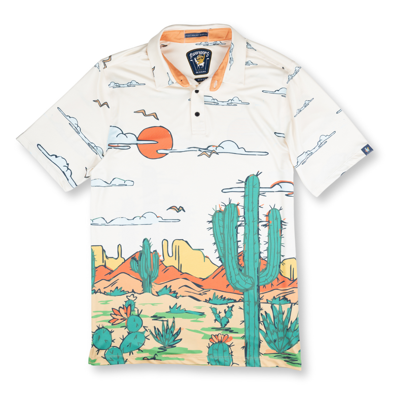 Baja Llama Desert-themed performance polo with bold cactus and sunset print. Breathable, lightweight, and made for standout style.