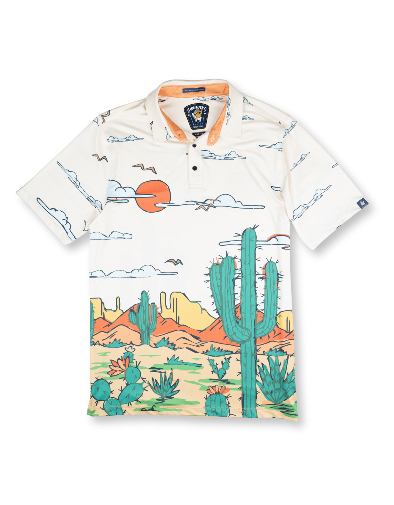 Baja Llama Desert-themed performance polo with bold cactus and sunset print. Breathable, lightweight, and made for standout style.