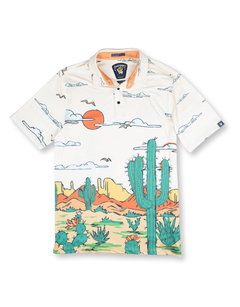 Baja Llama Desert-themed performance polo with bold cactus and sunset print. Breathable, lightweight, and made for standout style.