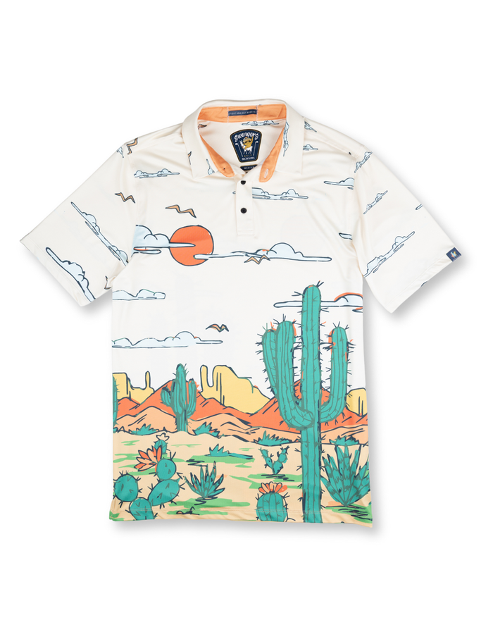 Baja Llama Desert-themed performance polo with bold cactus and sunset print. Breathable, lightweight, and made for standout style.