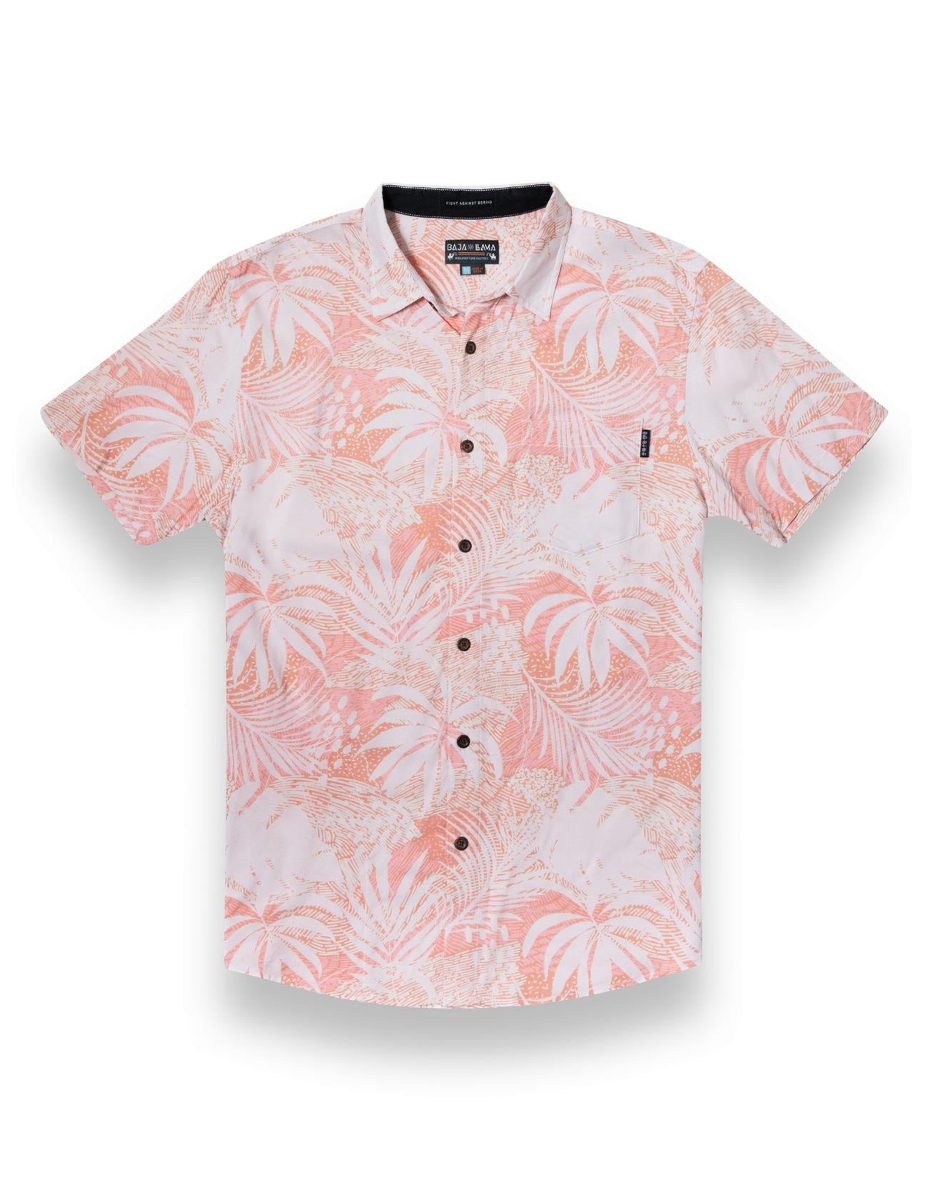 Peach colored button up shirt with tropical palm leaves print 