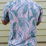 Baja Llama pink and green tropical leaf print Recycled Poly stretch short sleeve button up shirt