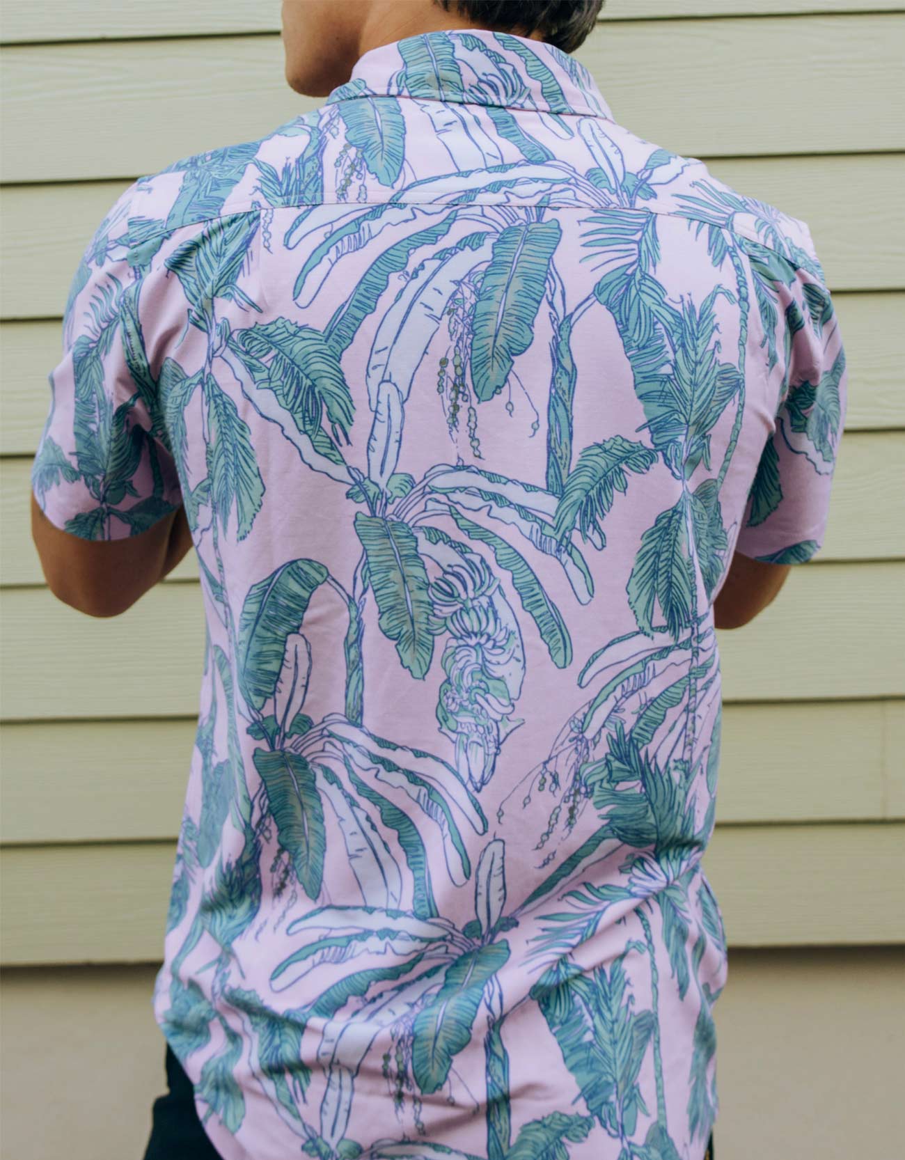 Baja Llama pink and green tropical leaf print Recycled Poly stretch short sleeve button up shirt