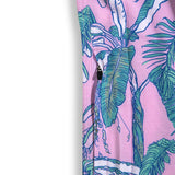 Baja Llama pink and green tropical leaf print Recycled Poly stretch short sleeve button up shirt