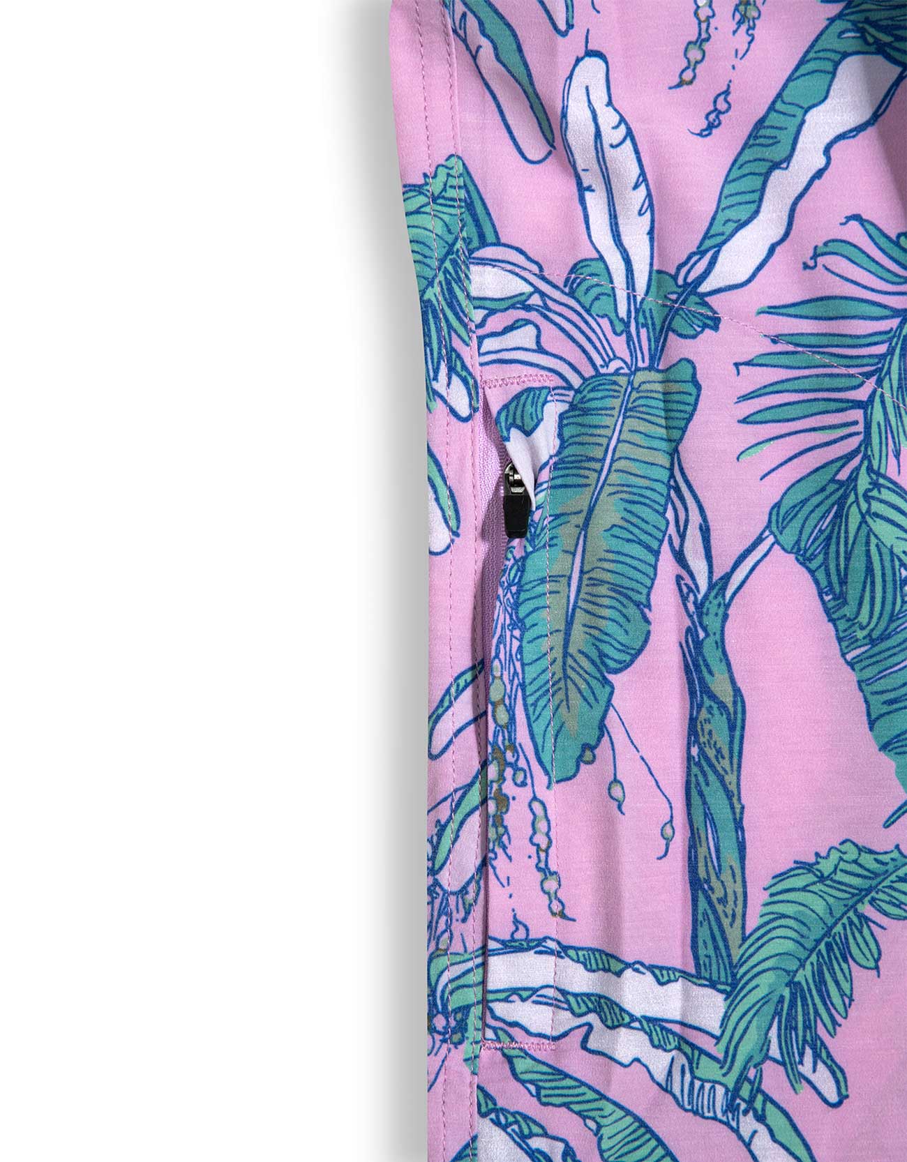 Baja Llama pink and green tropical leaf print Recycled Poly stretch short sleeve button up shirt