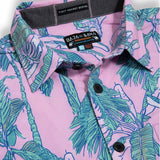 Baja Llama pink and green tropical leaf print Recycled Poly stretch short sleeve button up shirt