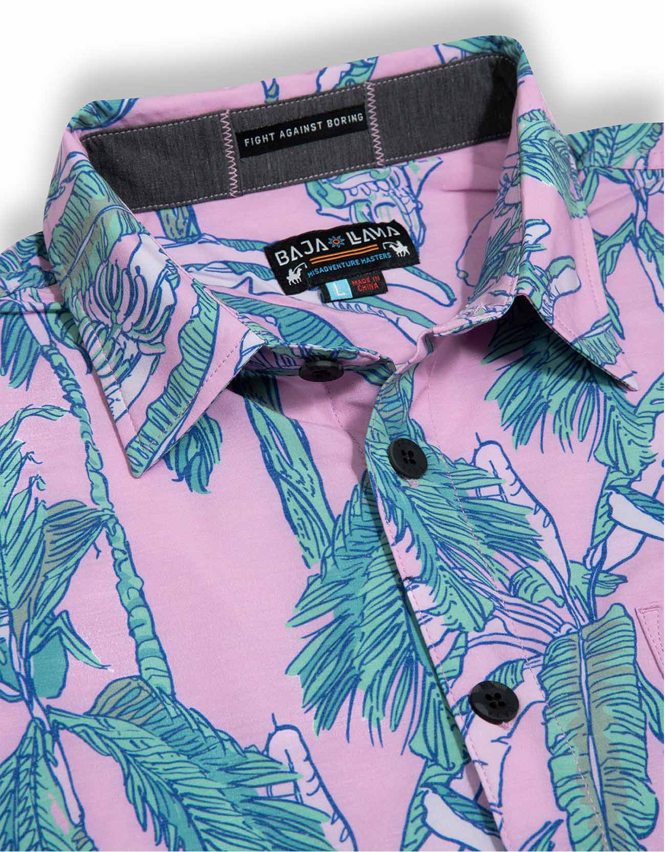 Baja Llama pink and green tropical leaf print Recycled Poly stretch short sleeve button up shirt