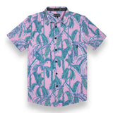 Baja Llama pink and green tropical leaf print Recycled Poly stretch short sleeve button up shirt