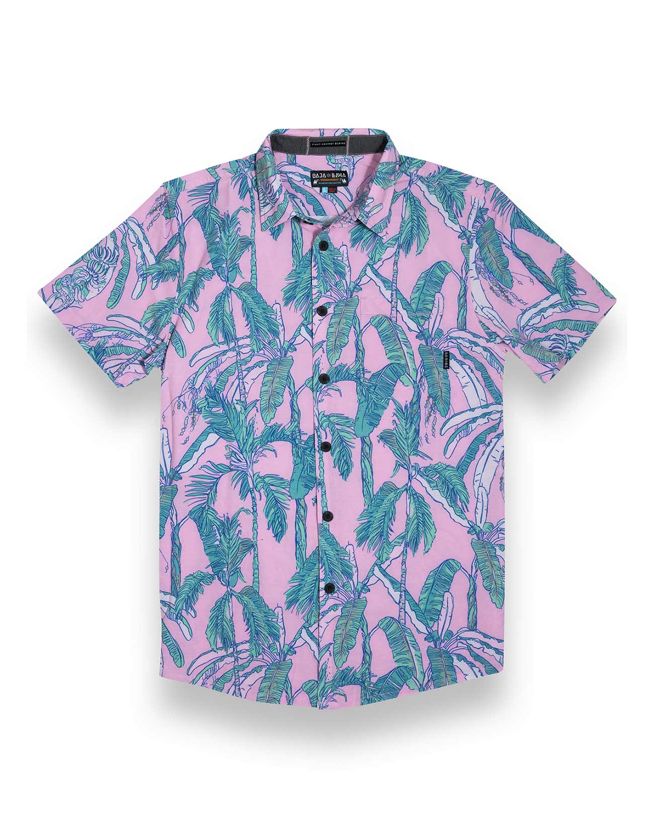 Baja Llama pink and green tropical leaf print Recycled Poly stretch short sleeve button up shirt