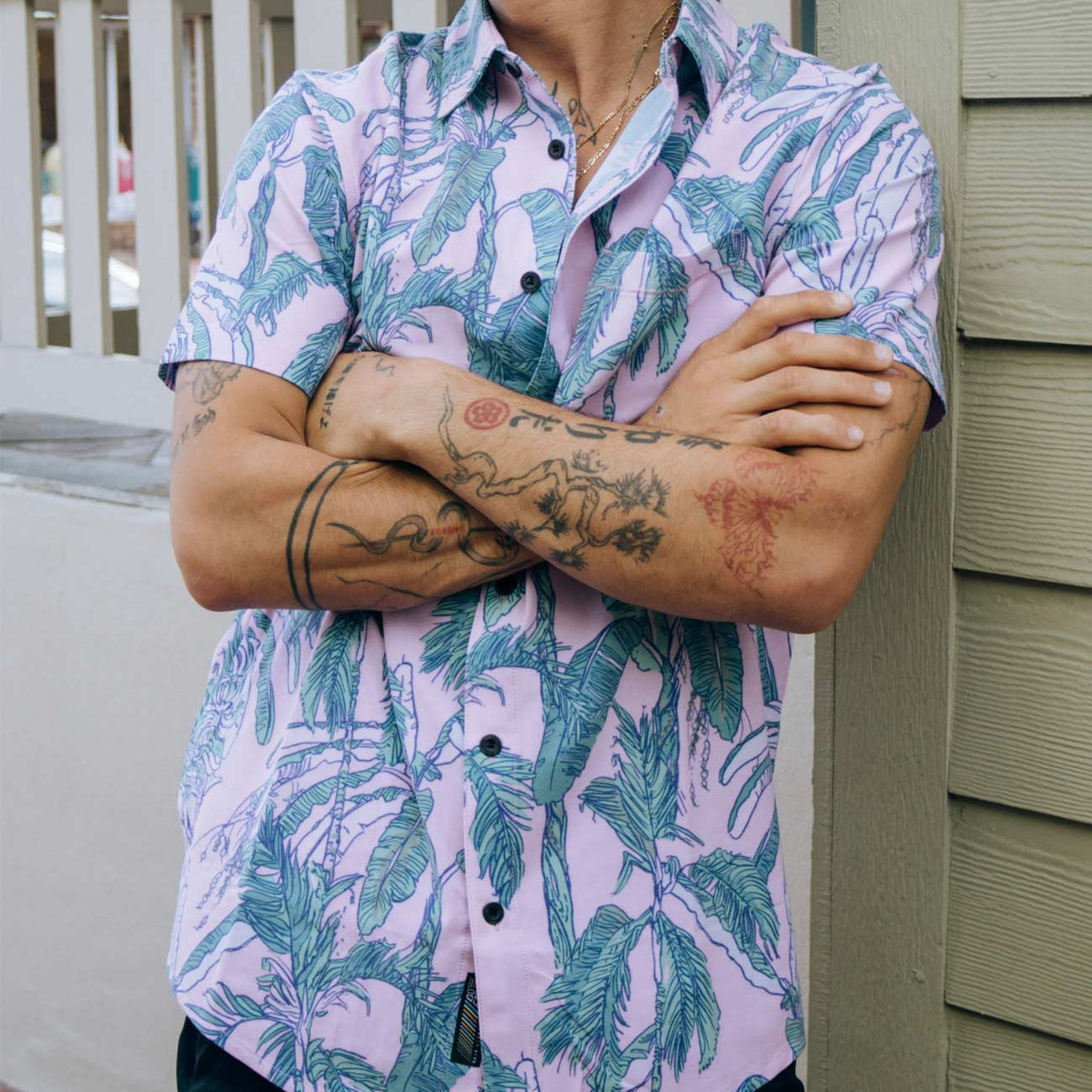 Baja Llama pink and green tropical leaf print Recycled Poly stretch short sleeve button up shirt