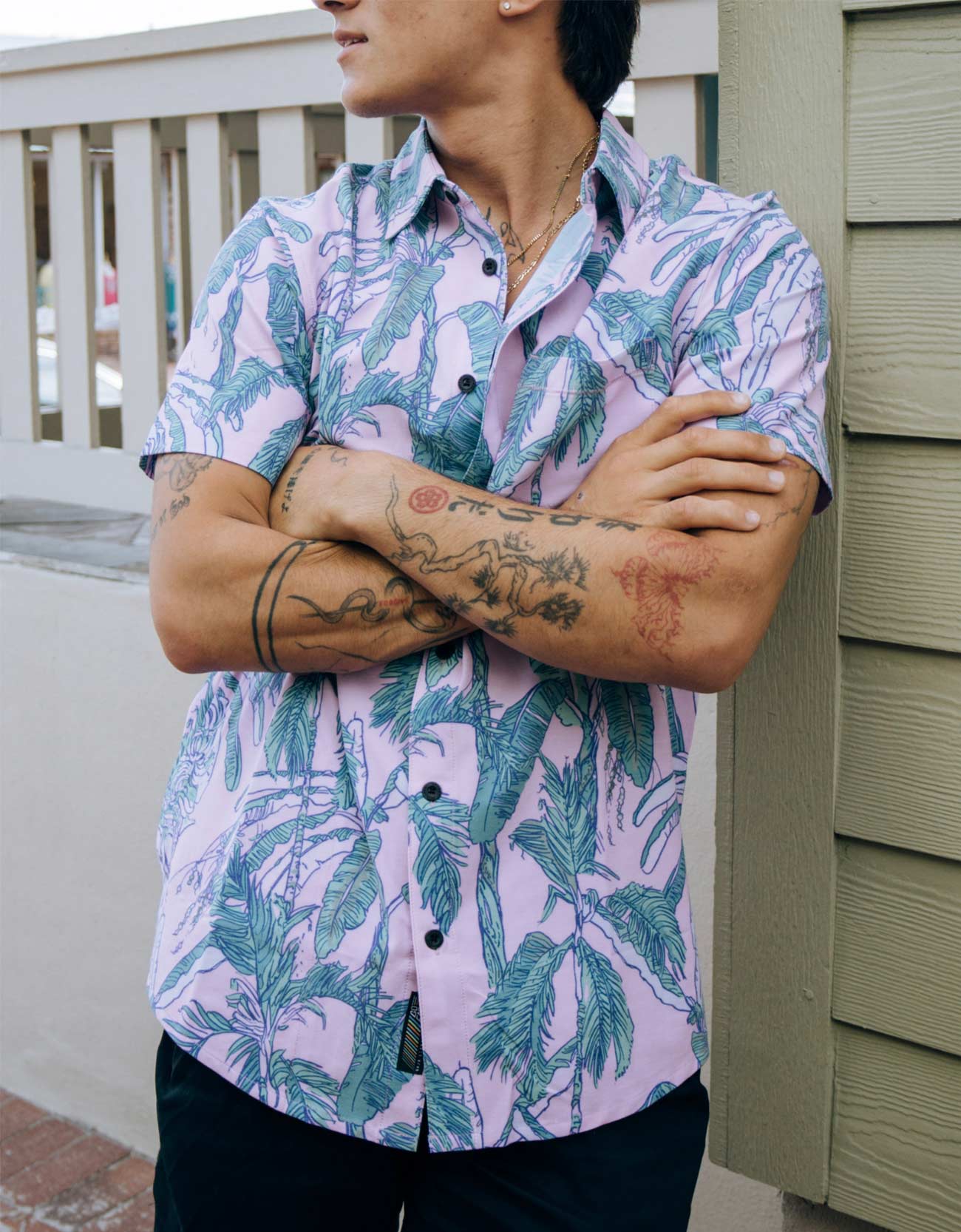 Baja Llama pink and green tropical leaf print Recycled Poly stretch short sleeve button up shirt