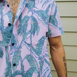 Baja Llama pink and green tropical leaf print Recycled Poly stretch short sleeve button up shirt